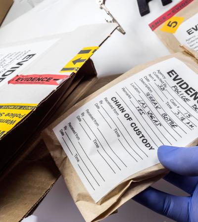 Gloved hands putting envelope of evidence into box