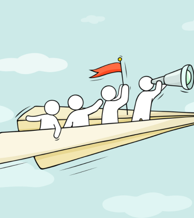 Illustration of a paper plane flying with people inside.