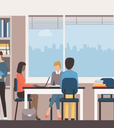 Illustration shows a group of people working in a library setting. Some people are working at desks with laptops open, others are browsing for books and reading.