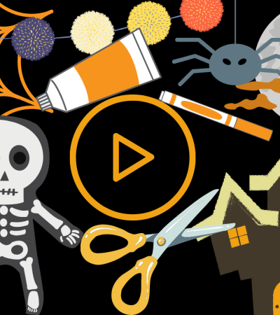 Illustration of a Halloween scene with a video 'Play' button in the middle. There is an illustration of a skeleton, pair of orange scissors, orange pain, orange marker and illustrations of a haunted house against a black backdrop.