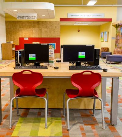 Photograph of computer lab set up in North Liberty Library, Iowa. 