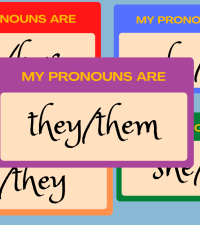 Illustration of five various "My Pronouns Are" stickers.