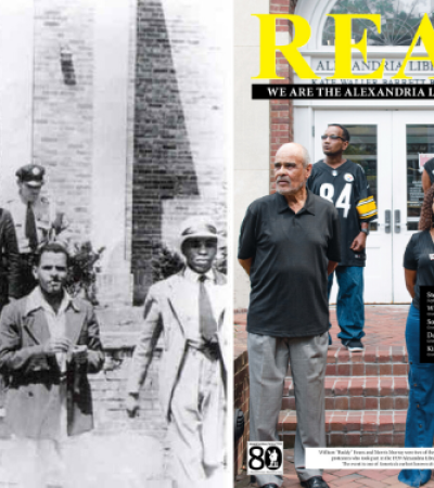 Photo of the five Sit-in participants escorted out of library next to READ poster of their descendants.