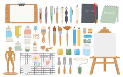 Illustration of various art supplies. 