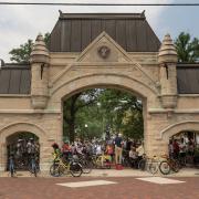 Bikers in front of one of the tour stops 