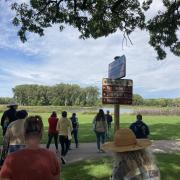 Photograph of a large group of people walking outside in a forest preserve