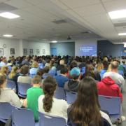 View of audience from back