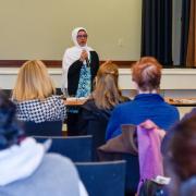 Moina Shaiq talks to the crowd.