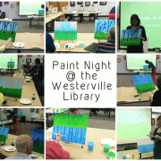 Paint Night Collage (Clockwise starting in upper left: women paints trees, two patrons looking at their canvas, Becky O'Neil talking about the event, Becky O'Neil demonstrating a step as patron looks on, Becky O'Neil blending paint, patron painting, patrons watch Becky O'Neil give instructions, Woman studies Becky O'Neil's painting.)