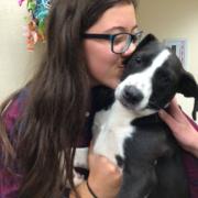 A girl kisses a puppy.