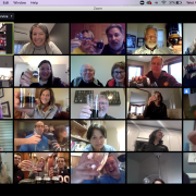 A screenshot of the participants "cheers"-ing in the virtual beer tasting Zoom meeting