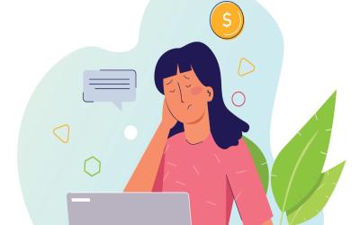 Illustration of person looking stressed on laptop with coin illustrations surrounding the image.