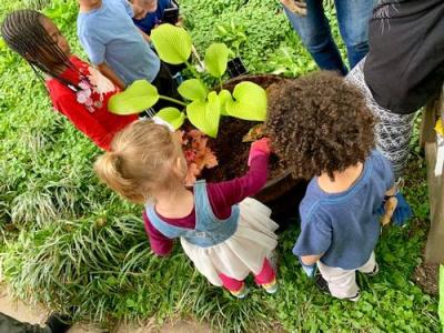 A group of kids outdoors standing around a plant