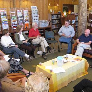 The Portola Valley Library's branch manager leads the afternoon book group discussion San Mateo County Library